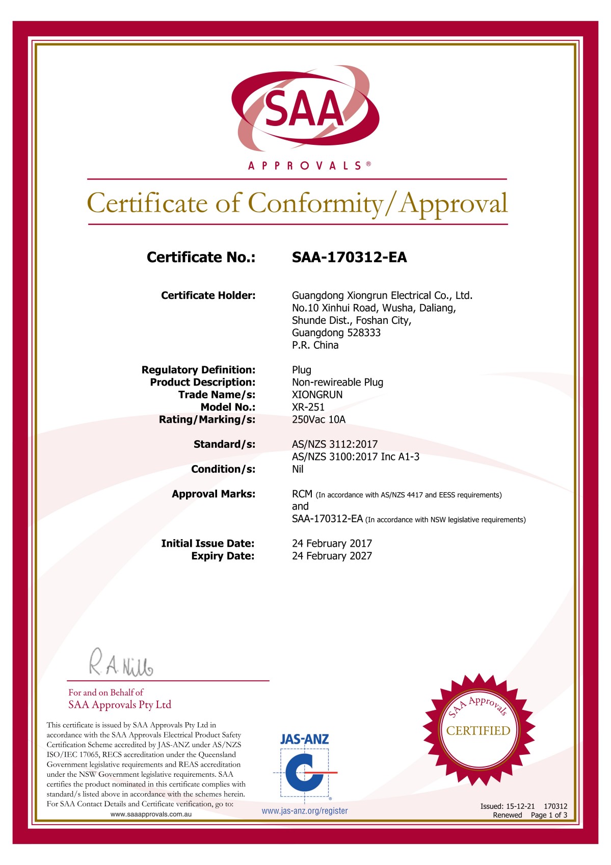 Certificate&nbsp;SAA-170312-EA